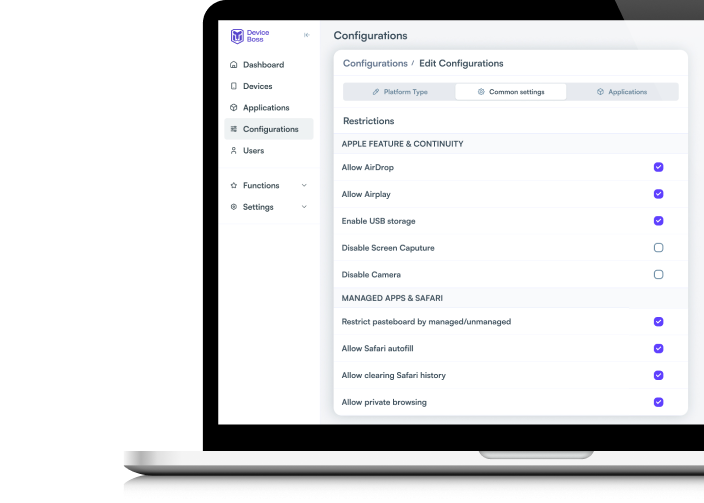 iOS device configuration controls